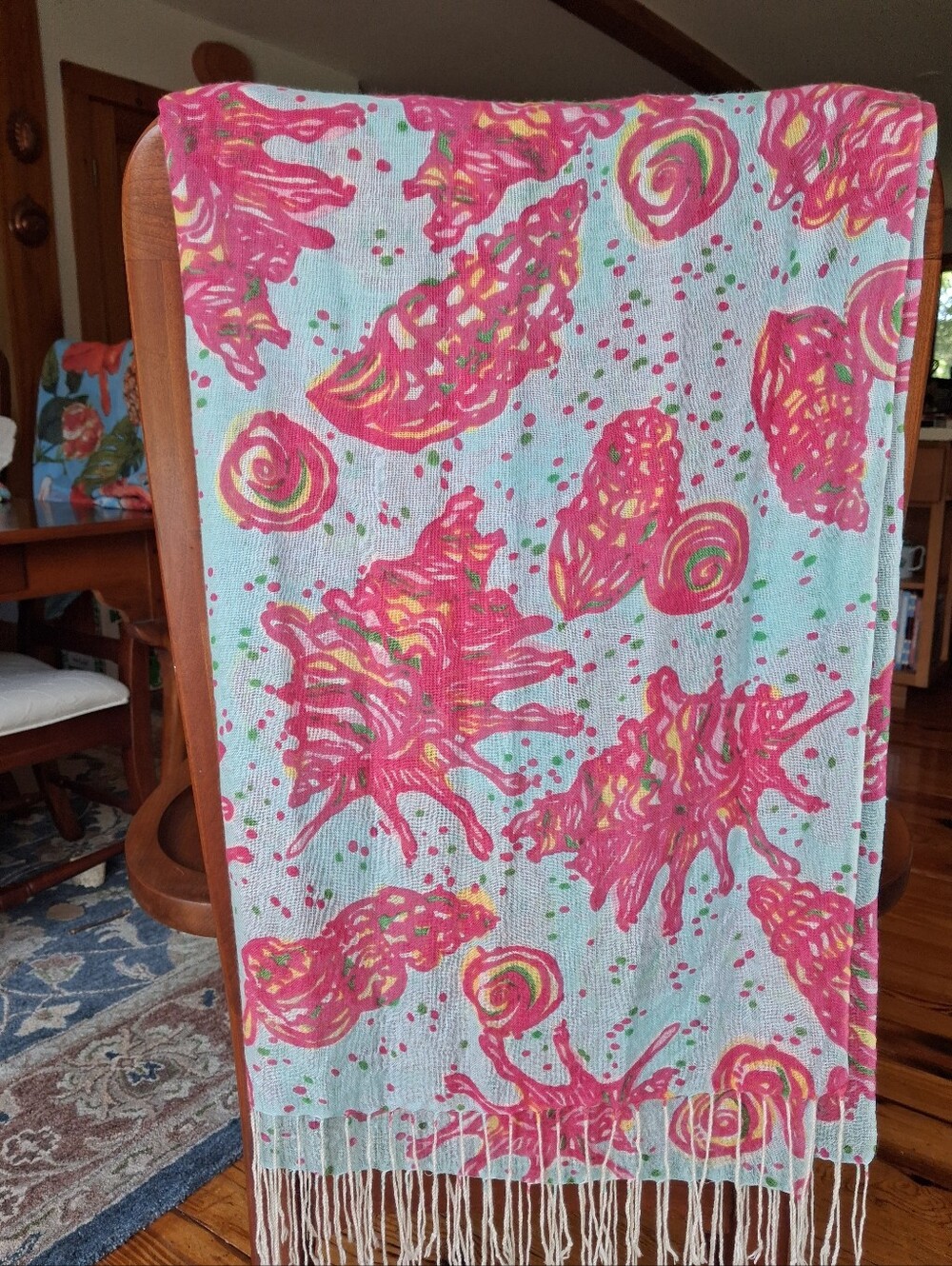 Lilly Pulitzer Murfee Scarf "Conched Out" Silk/cashmere Aqua/pink EUC